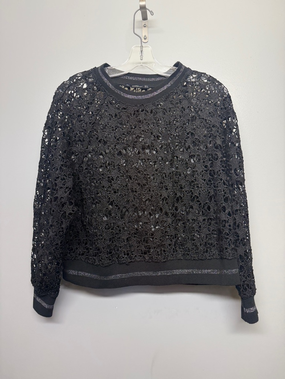 Zara Black Open Knit Lace Sheer Pullover with Metallic Detail